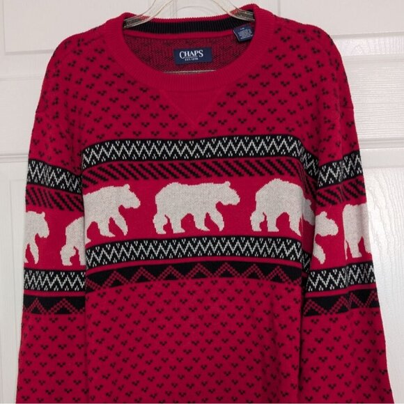 Chaps Polar Bear Sweater Mens Size Large Red Christmas Holiday Cotton Crew Neck - Picture 2 of 9